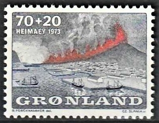 FRIMÆRKER GRØNLAND | 1973 - AFA 86 - Heimaey, Vulkanudbrud - 70 + 20 øre blå/grå/rød - Postfrisk